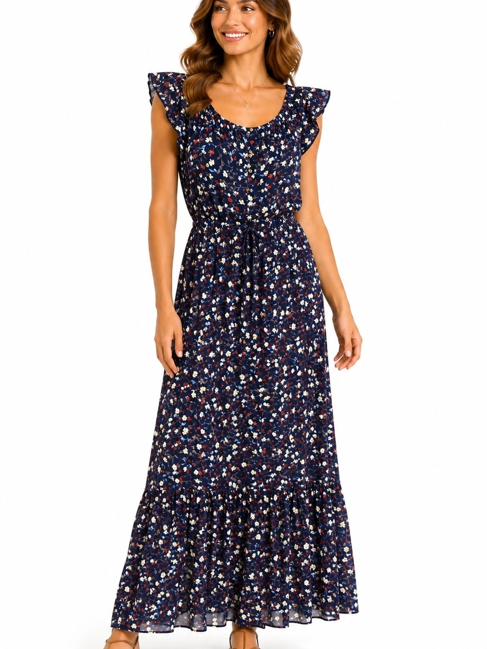 Indigo Rose Navy Floral High-Low Maxi Dress with Ruffle Sleeves Medium
